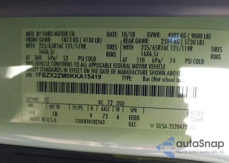 2019 Ford Transit-350 Xlt из США, поврежденный, VIN 1FBZX2ZM0KKA15419